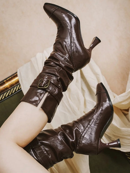 PU Dark Brown Elegant Lolita Stacked Boots - Slip-In Pointed Toe with Foldable Cuff & Buckle Accents