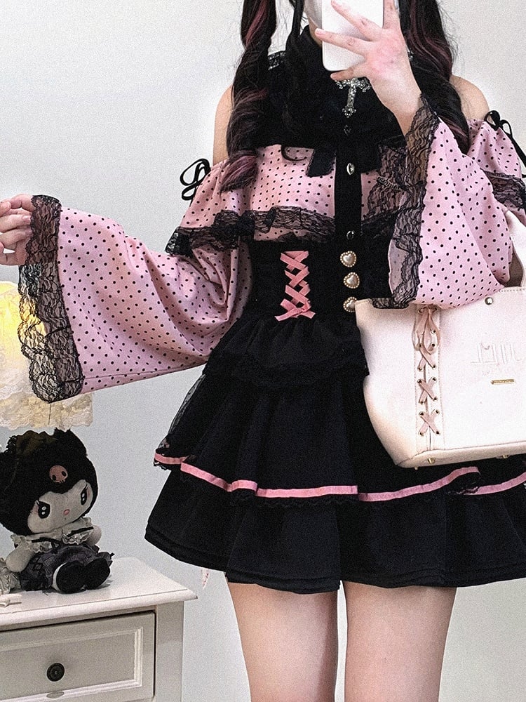 Jirai Kei White / Pink Polka-dot Blouse | Bell Sleeves, Cut-Out Shoulder with Drawstring & Heart Buttons