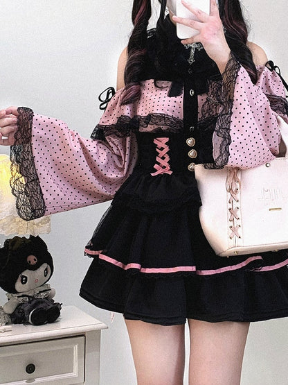 Jirai Kei White / Pink Polka-dot Blouse | Bell Sleeves, Cut-Out Shoulder with Drawstring & Heart Buttons