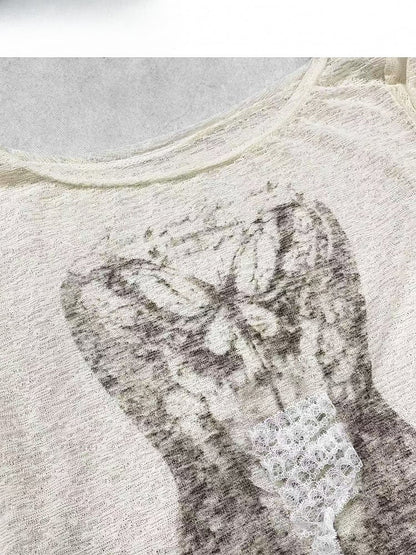 Apricot Lace-up Detail Swimsuit Print Asymmetrical Neckline Top