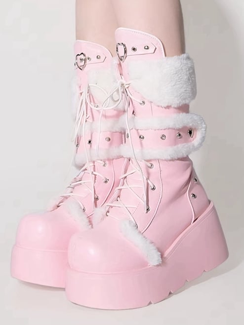 Heart Buckle White Plush Trim Light Pink Y2K Platform Boots