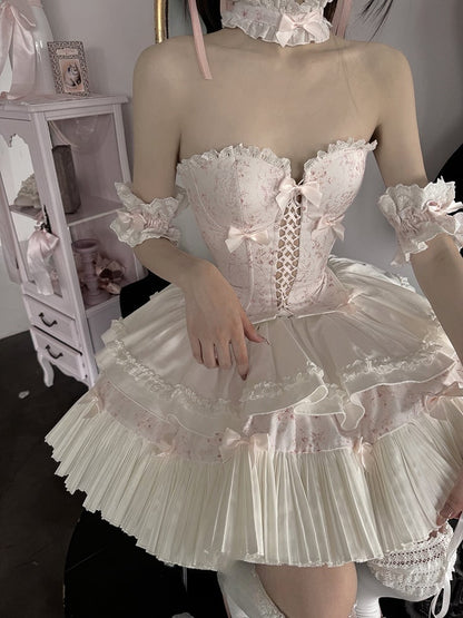 Pink & White Sweet Lolita Floral-Print Corset Top + Skirt + Choker + Arm Rings + KC Full Set
