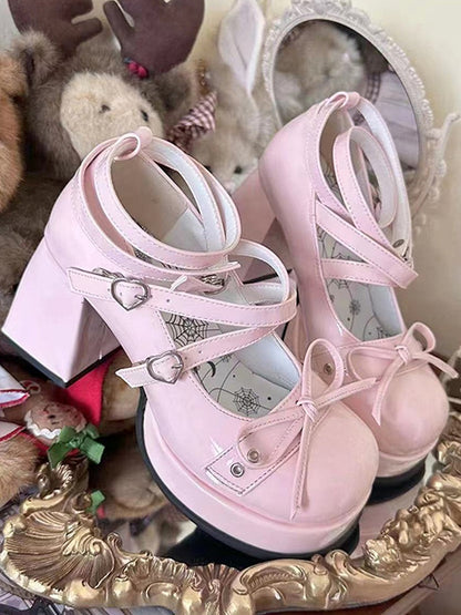 Bowknot at Top Pink High Block Heel Platform Mary Janes