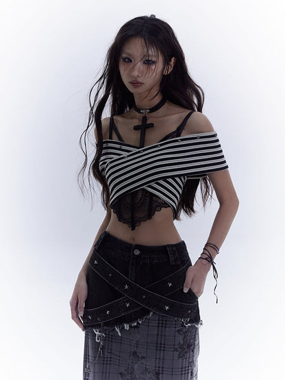 Black and White Off-the-shoulder Neckline Studded Striped Strapless Top