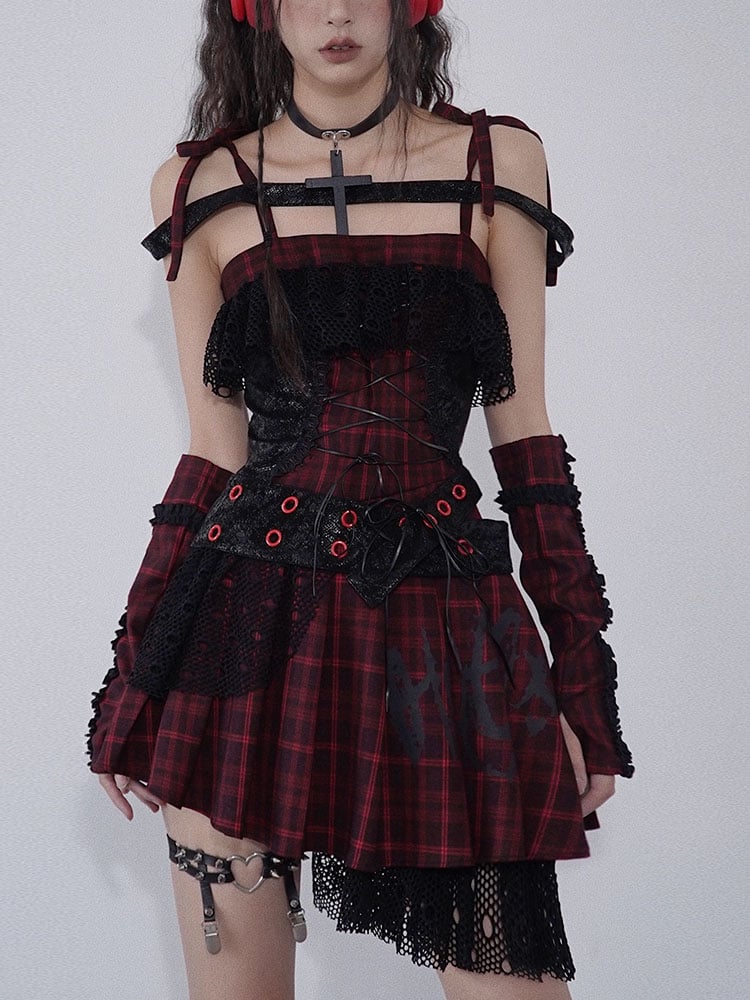 Lace-up Detail Red and Black Plaid Punk Rock Dress