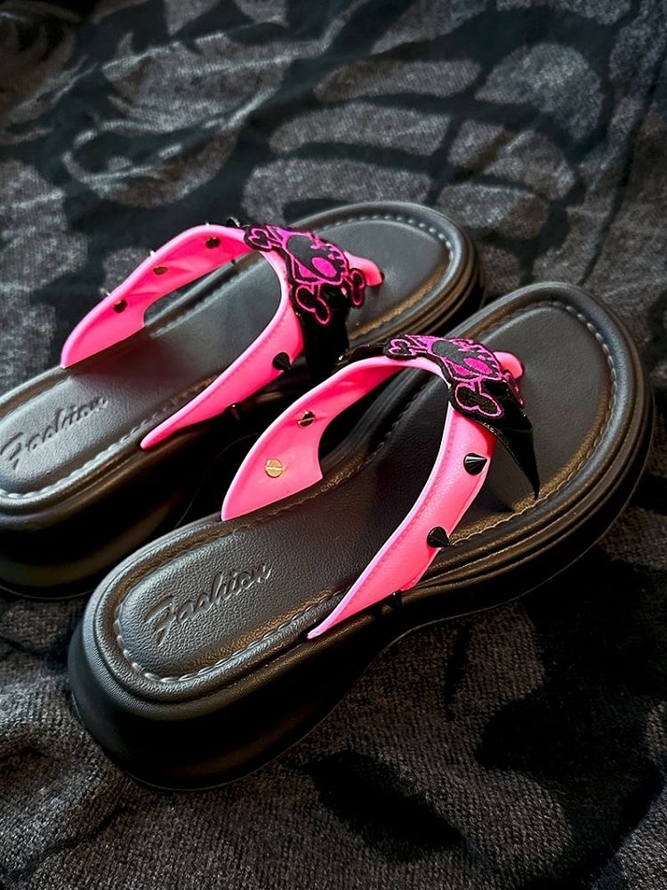Clearance-Size 36-37 Black and Pink Bat Wings Skeleton Applique Flip-flops Gothic Summer Slippers