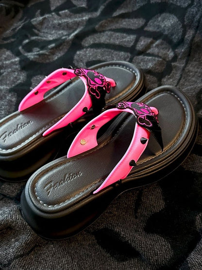 Clearance-Size 36-37 Black and Pink Bat Wings Skeleton Applique Flip-flops Gothic Summer Slippers