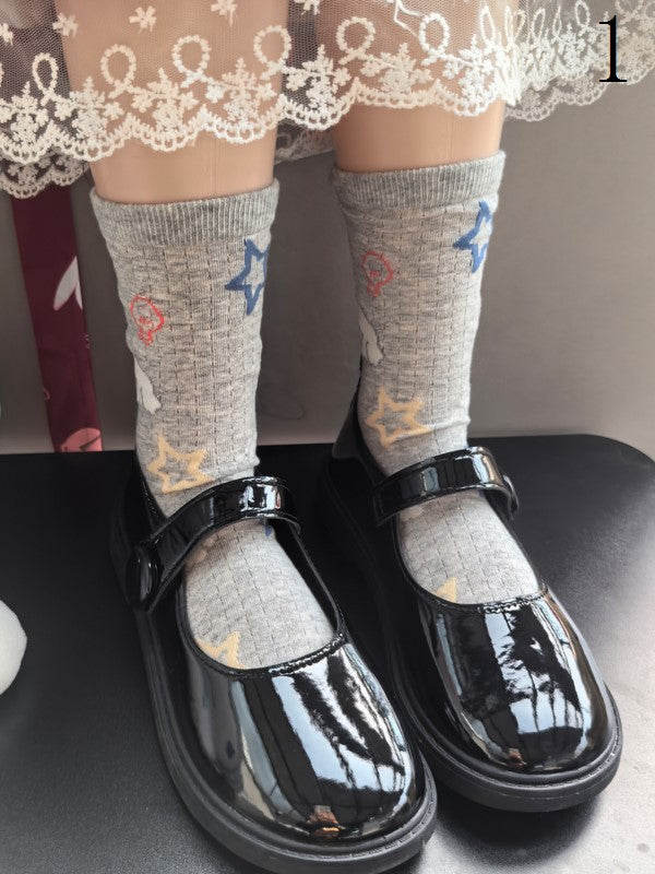 4 Options White/Grey Puppy/Star/Apple Print Calf Socks