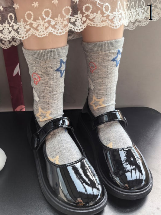 4 Options White/Grey Puppy/Star/Apple Print Calf Socks