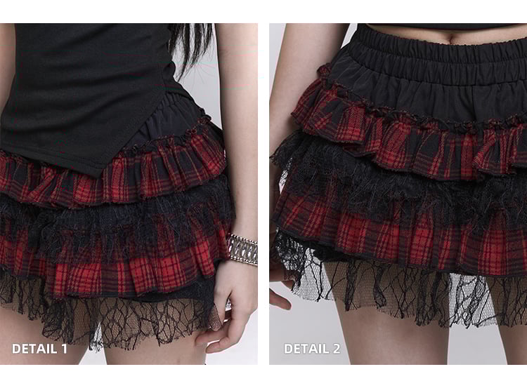 Red and Black Plaid Elastic Waist Lace Trim Mini Tiered Skirt Bloomers Lining