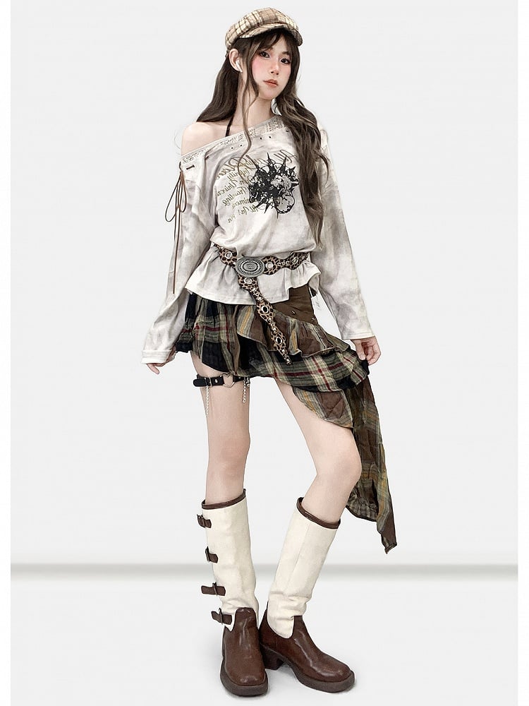 Coffee Brown Millard Fashion Plaid Pattern Asymmetrical Hem Skirt