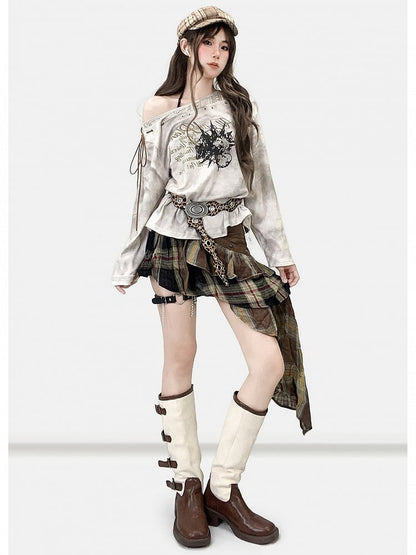 Coffee Brown Millard Fashion Plaid Pattern Asymmetrical Hem Skirt