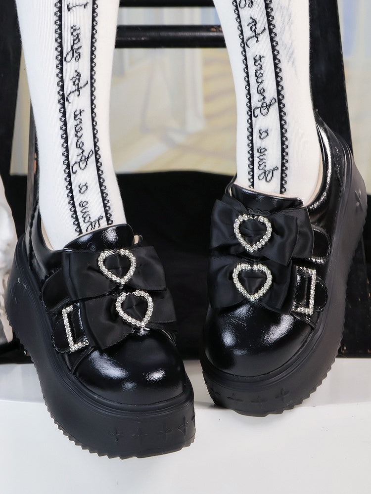 Black Jirai Kei Slip-on Platforms with Rhinestone Heart Decor & Bow Accents in Thicken/Regular Version