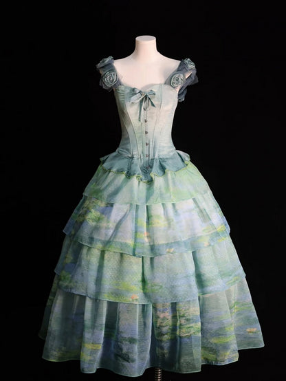 Green Flounce Hem Boned Corset Top with Detachable Floral Adornments