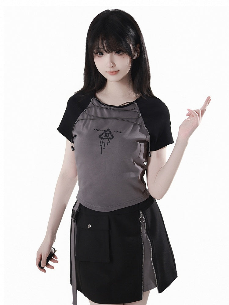 Black and Gray Colorblock Design Lace-up Front Techwear T-shirt
