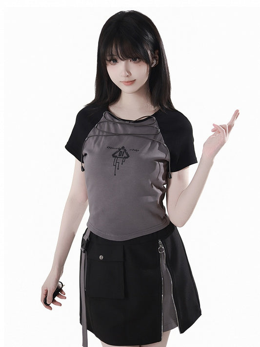 Black and Gray Colorblock Design Lace-up Front Techwear T-shirt
