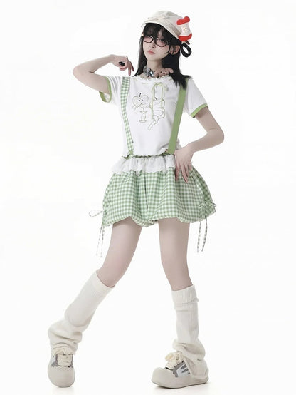 Green Plaid Overalls Bubble Shorts Detachable Shoulder Straps