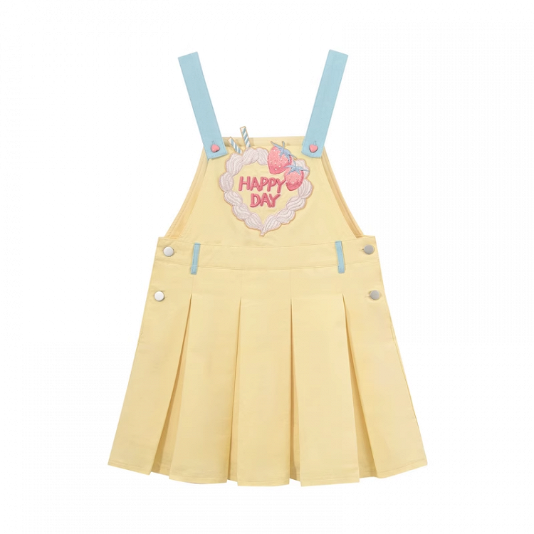 Sweet Strawberry Embroidery Yellow Box Pleat Overall Dress