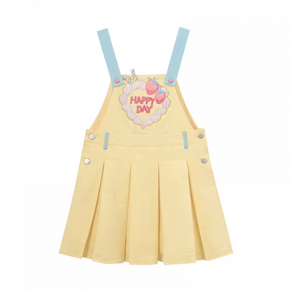 Sweet Strawberry Embroidery Yellow Box Pleat Overall Dress