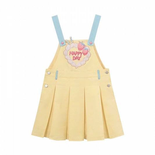Sweet Strawberry Embroidery Yellow Box Pleat Overall Dress
