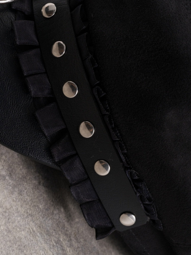 Black Gothic Studs Details Ruffled Trim Beret Hat