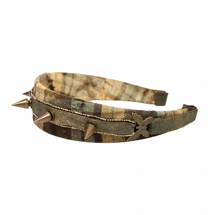 Green Plaid Pattern Stud Metal Butterfly KC