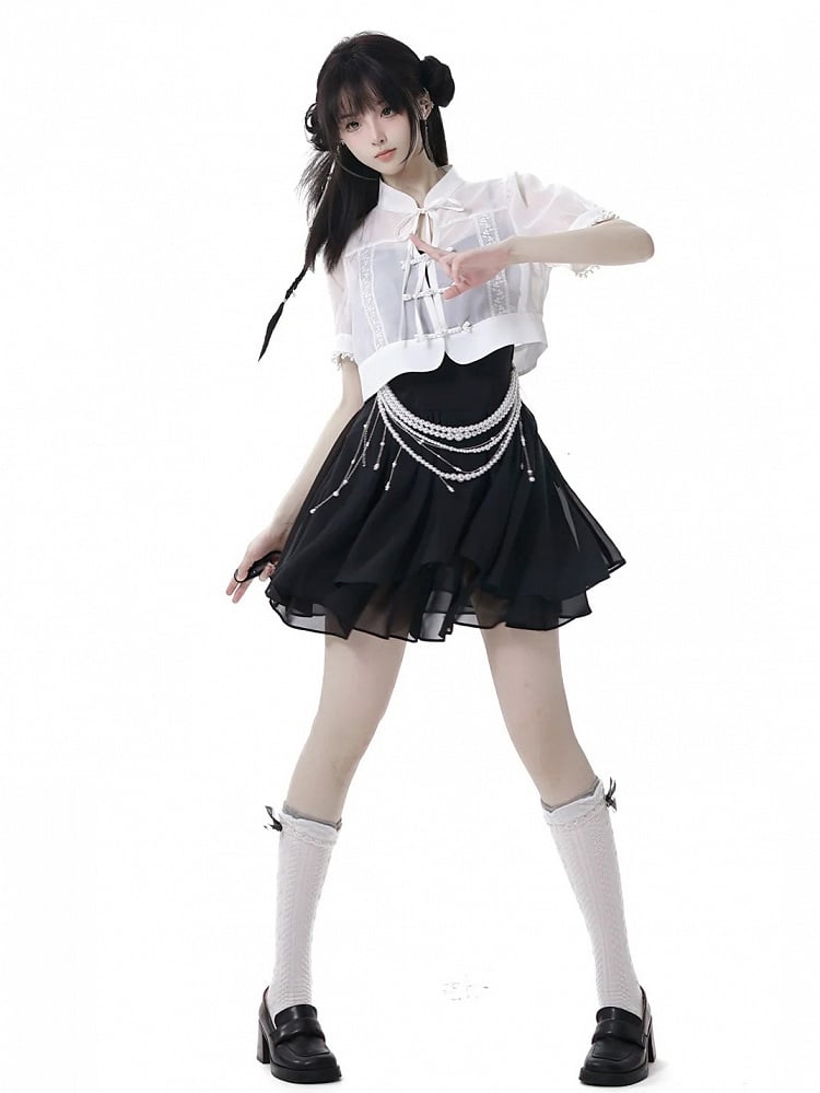 White Banded Collar Beaded Cuffs Cheongsam Style Knot Buttons Coverup