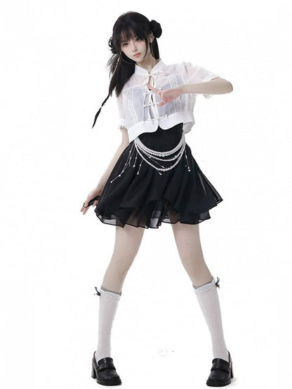 White Banded Collar Beaded Cuffs Cheongsam Style Knot Buttons Coverup