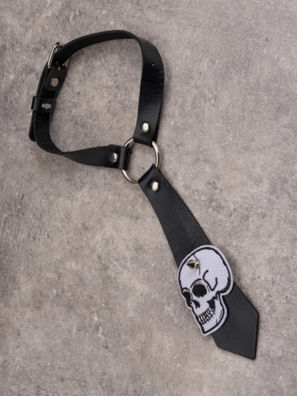 Black Gothic Skeleton Applique Studs Decorated Tie PU Choker