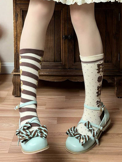 Green&Brown Striped Pattern Bow at Top Crisscross Design Heart Buckles Lolita Shoes