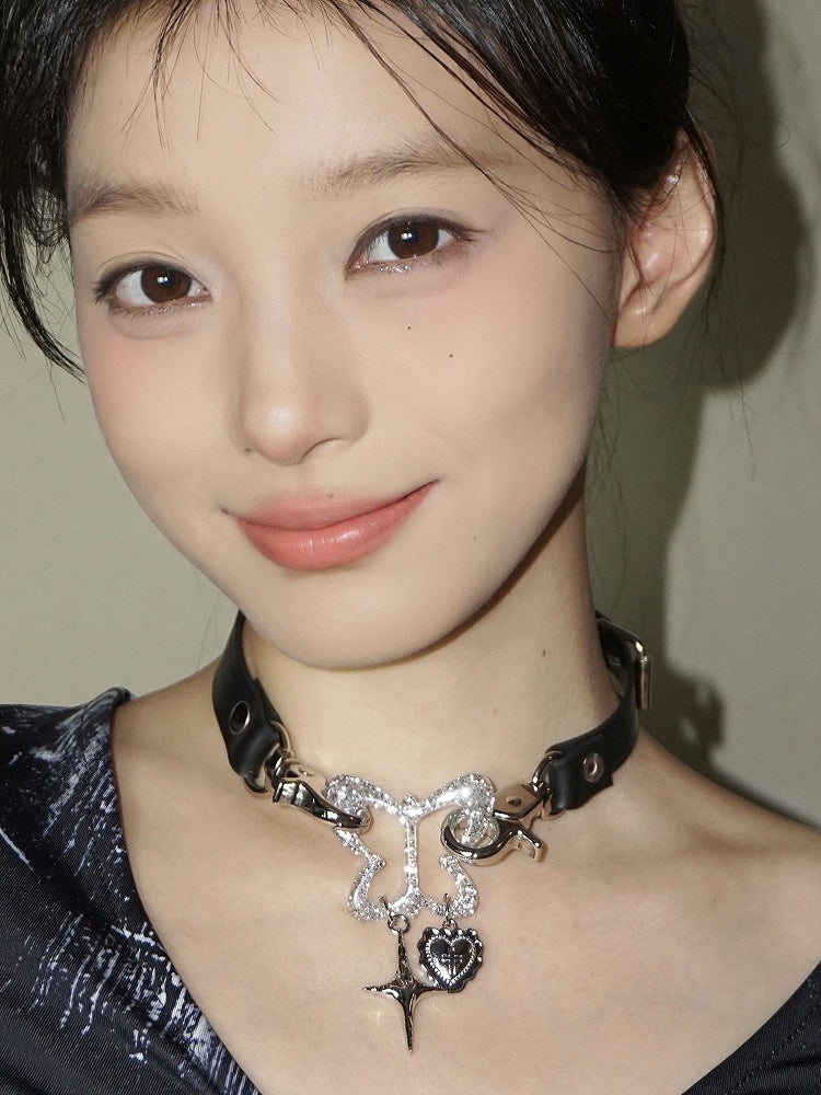 Black/Pink Star and Heart Gothic Punk Butterfly Choker