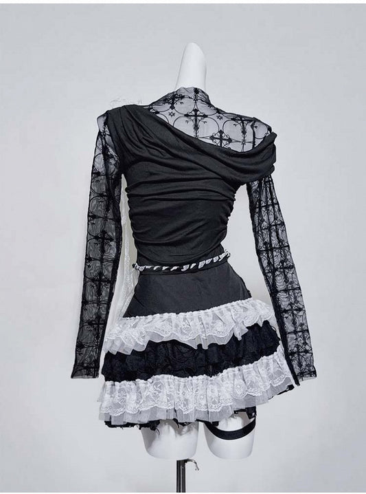 Gothic Black Illusion Neckline Contrast Lace Trim Cross Pin Design Top
