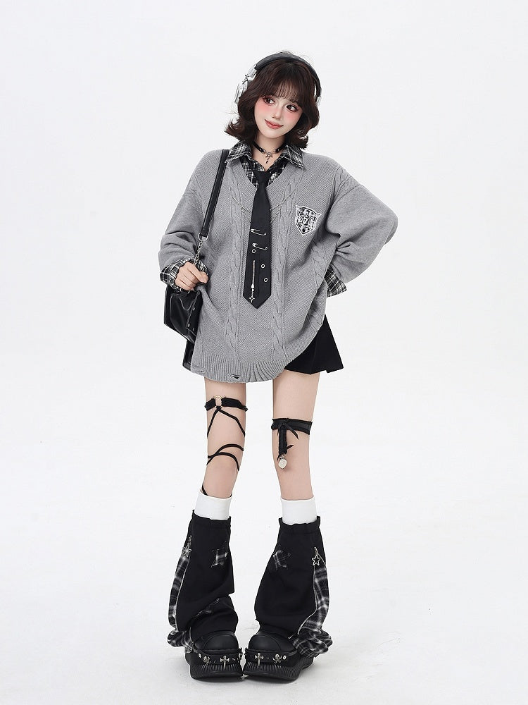 Navy Blue / Gray Retro Academic Plaid Loose Fit Sweater