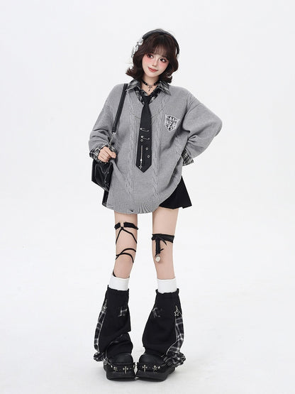 Navy Blue / Gray Retro Academic Plaid Loose Fit Sweater