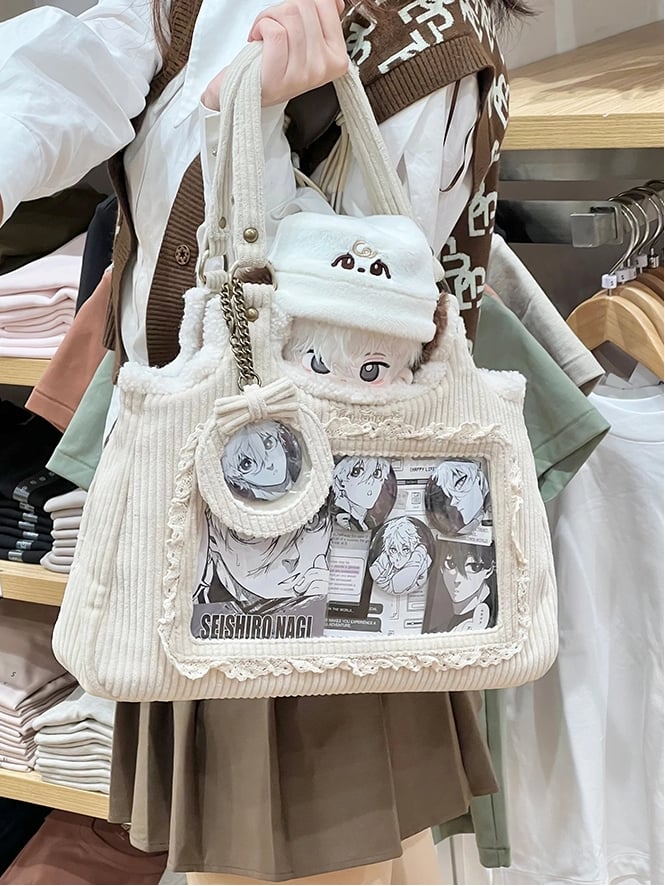 Corduroy Lace Trim Creamy White Daily Ita bag with Card Holder Charm