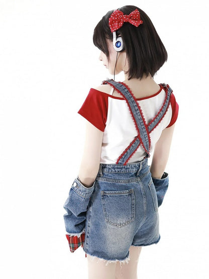 Blue Distressed Holes Raw Hem Plaid Star Appliques Denim Overall Shorts with Free Armwears