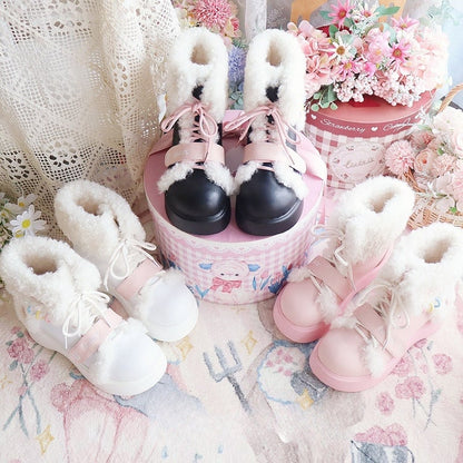 White Bunny Themed Winter Boots - Platform Sole with Plush Ear Accents & Hybrid Fastening