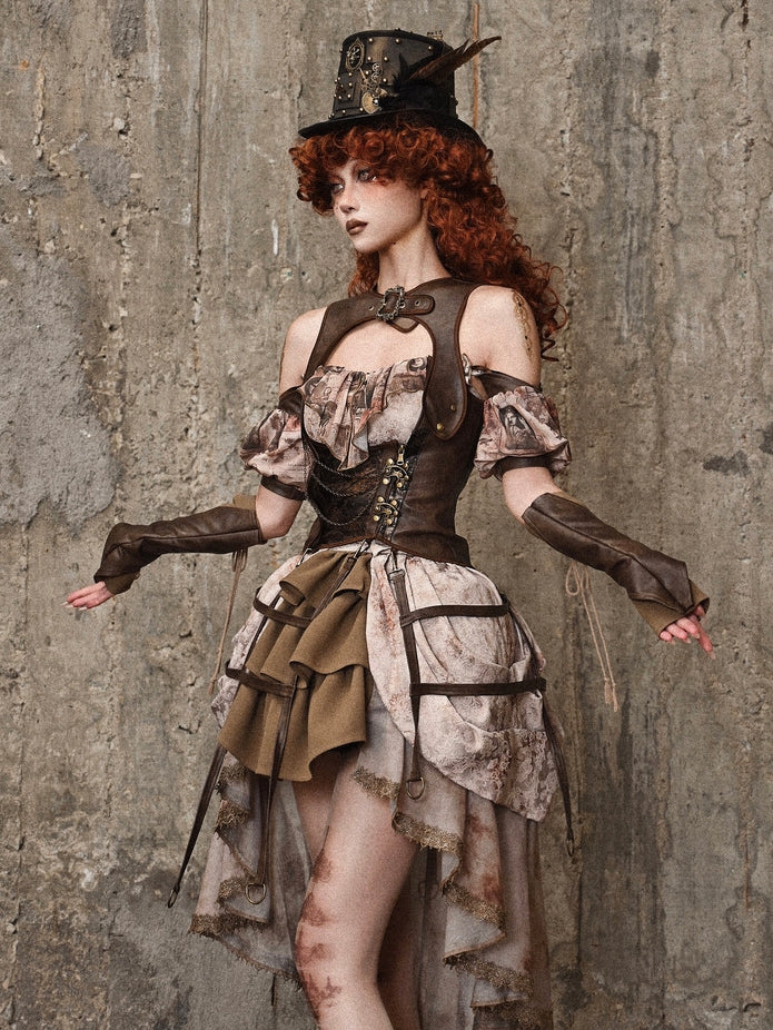 Brown PU Leather Vintage Steampunk Waistcoat Detachable Birdcage