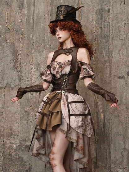 Brown PU Leather Vintage Steampunk Waistcoat Detachable Birdcage