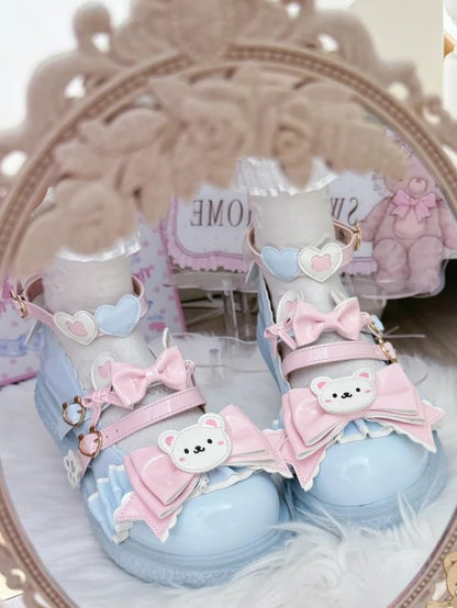 Sweet Blue Flat Shoes for Lolita Style with PU 3cm Flat, Teddy Motifs & Heart Decor