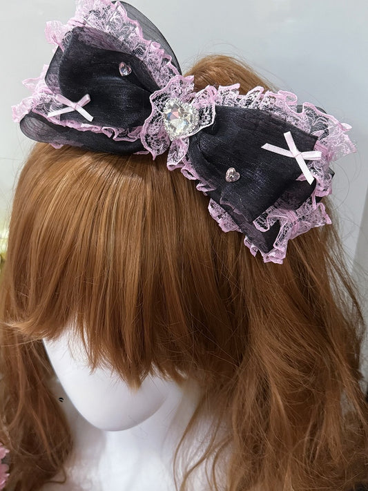 Black/Purple Rhinestone Decorated Lace Trim Bowknot Hairclip