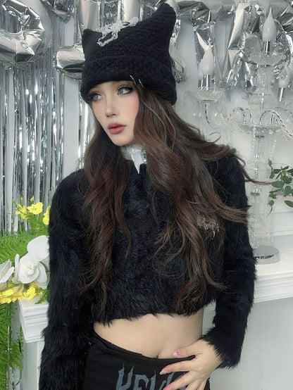 Punk Black Cat Ears Design Cross Patch Knit Hat