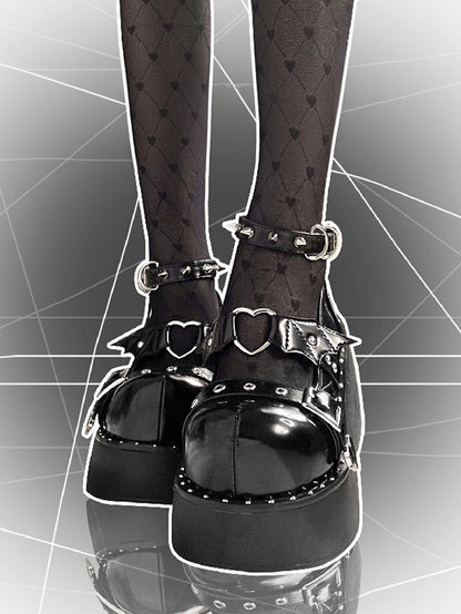 Devil Wings Design Black Stud Detail Buckle Ankle Strap Platform Mary Janes