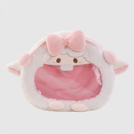 White And Pink Cute Lamb Bowknot Plush Ita Bag Backpack