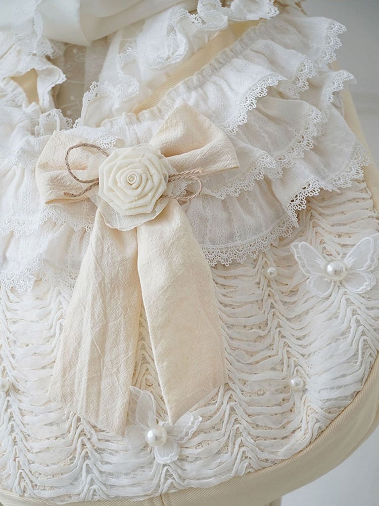 Bead and Butterfly Details Beige Bowknot Canvas Crossbody with Ruffle Trim