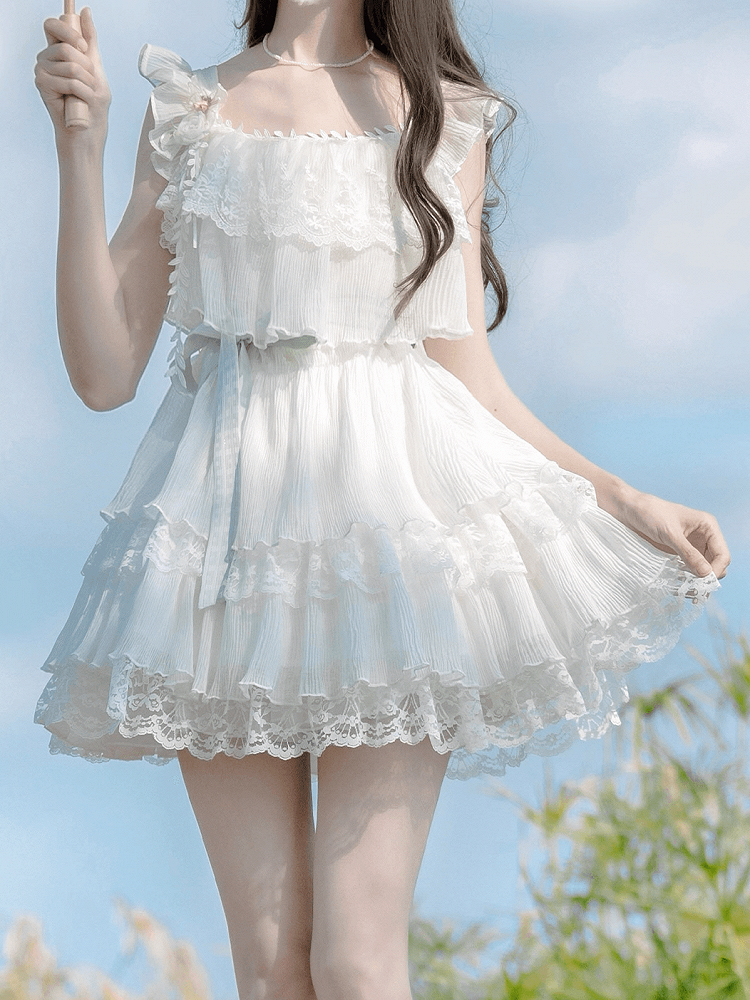 Sweet White Tiered Lace Trim Flutter Sleeves Dress with Brooch and Waist Belt