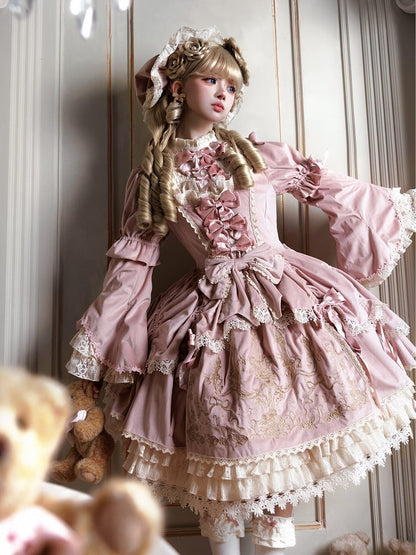 Candle and Candlestick Embroidery Pink Bell Sleeves Velvet Dress Lolita OP / Set