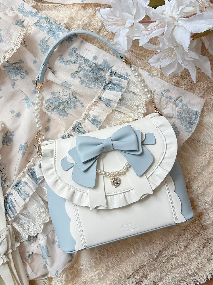Blue & White Elegant Lolita Bag - Sparkling Heart Charm, Beaded Decor Bow & Dual Interchangeable Straps