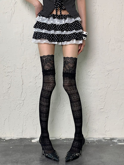 Black/White Y2K Floral Pattern Hollow-out Design Overknee Stockings
