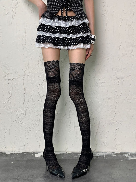 Black/White Y2K Floral Pattern Hollow-out Design Overknee Stockings